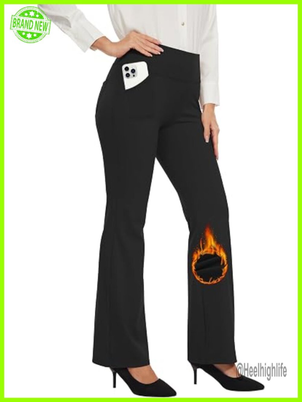 Fleece Lined Work Pants, Waterproof Thermal Flare Leggings with 4 Pockets,